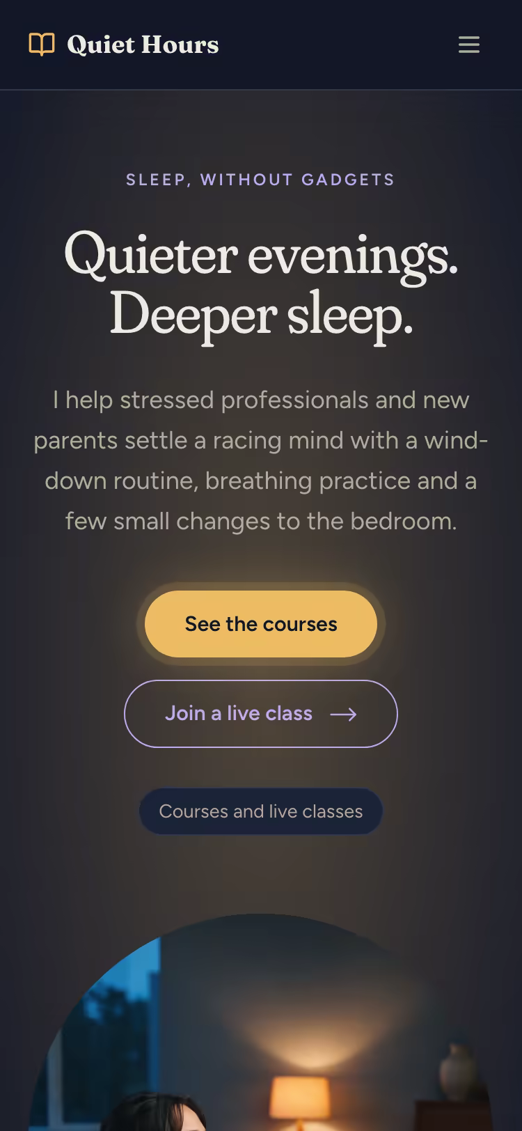 Phone preview of a creator site in the Nocturne look