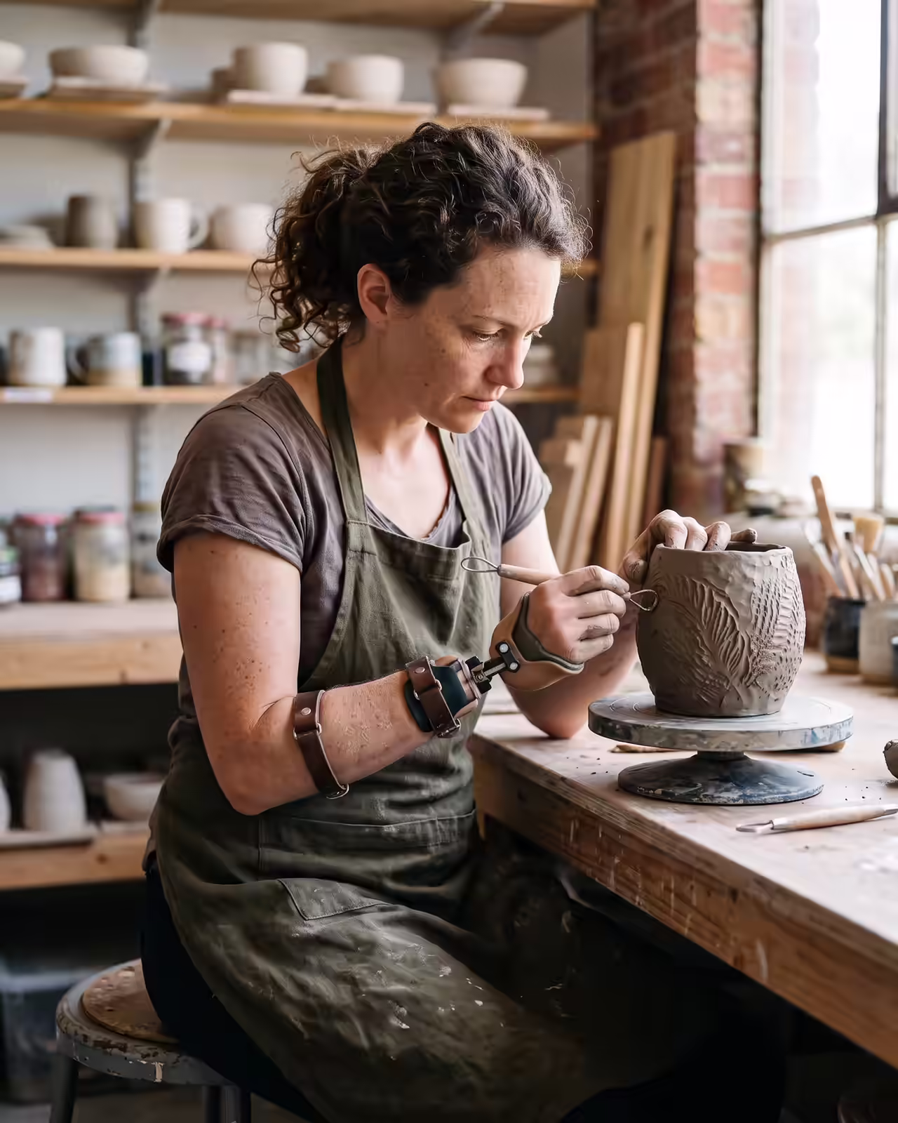 A woman wearing an olive green apron and an assistive orthotic brace on her right forearm sits at a wooden workbench in a pottery workshop, delicately carving botanical leaf textures into a damp clay vessel resting on a banding wheel turntable. Natural light streams from a multi-pane window illuminating the scene, with shelves of finished ceramics and pottery supplies visible in the background.