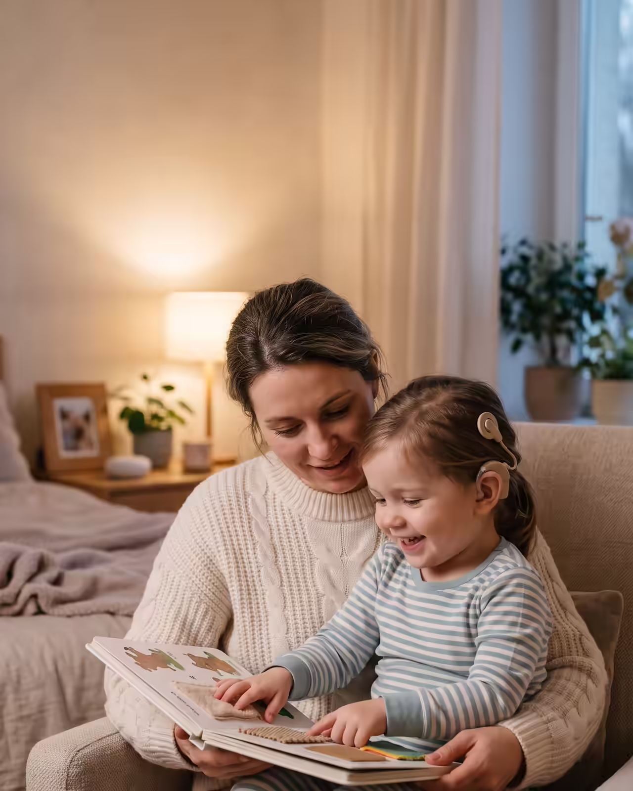 A smiling mother and her young daughter sit together in a cozy beige armchair, reading a tactile sensory picture book. The toddler, who wears a beige hearing aid or cochlear implant sound processor on her left ear and striped blue pajamas, gleefully touches a textured patch on the open page while seated in her mother's lap. The mother, wearing a cream cable-knit sweater, holds the book and smiles down warmly at her child in a softly lit bedroom setting.