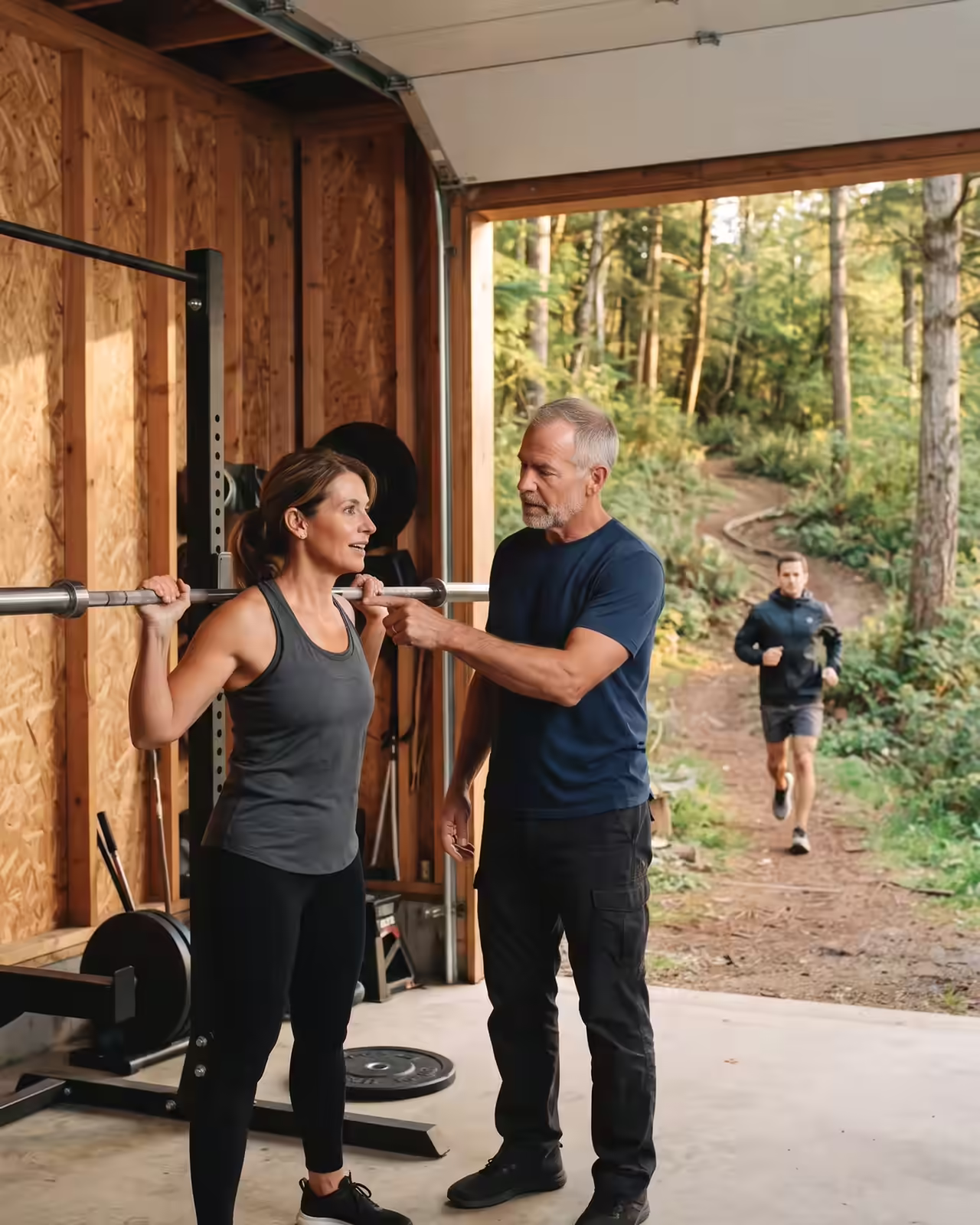 In a garage gym with an open bay door, a mature male coach guides a woman holding a barbell across her shoulders for squats. The woman wears a grey tank top and black leggings, listening intently as the coach points toward the bar. In the background outside the open garage door, another man runs along a forest trail in natural daylight.