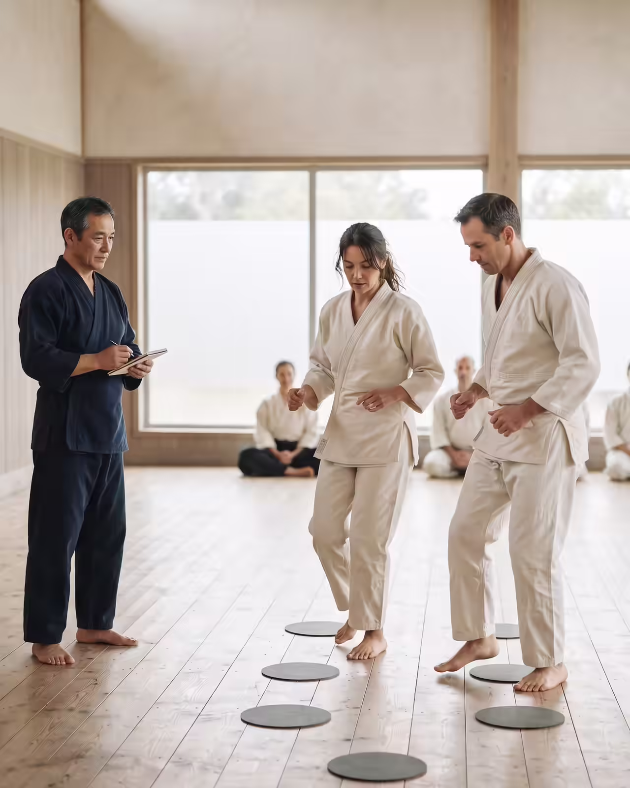 In a spacious, sunlit wooden training studio, a mature male instructor in a dark navy martial arts uniform stands holding a notebook and pen as he coaches an adult man and woman practicing footwork stepping drills in cream-white gi uniforms over circular floor markers, while other students sit watching in the background.