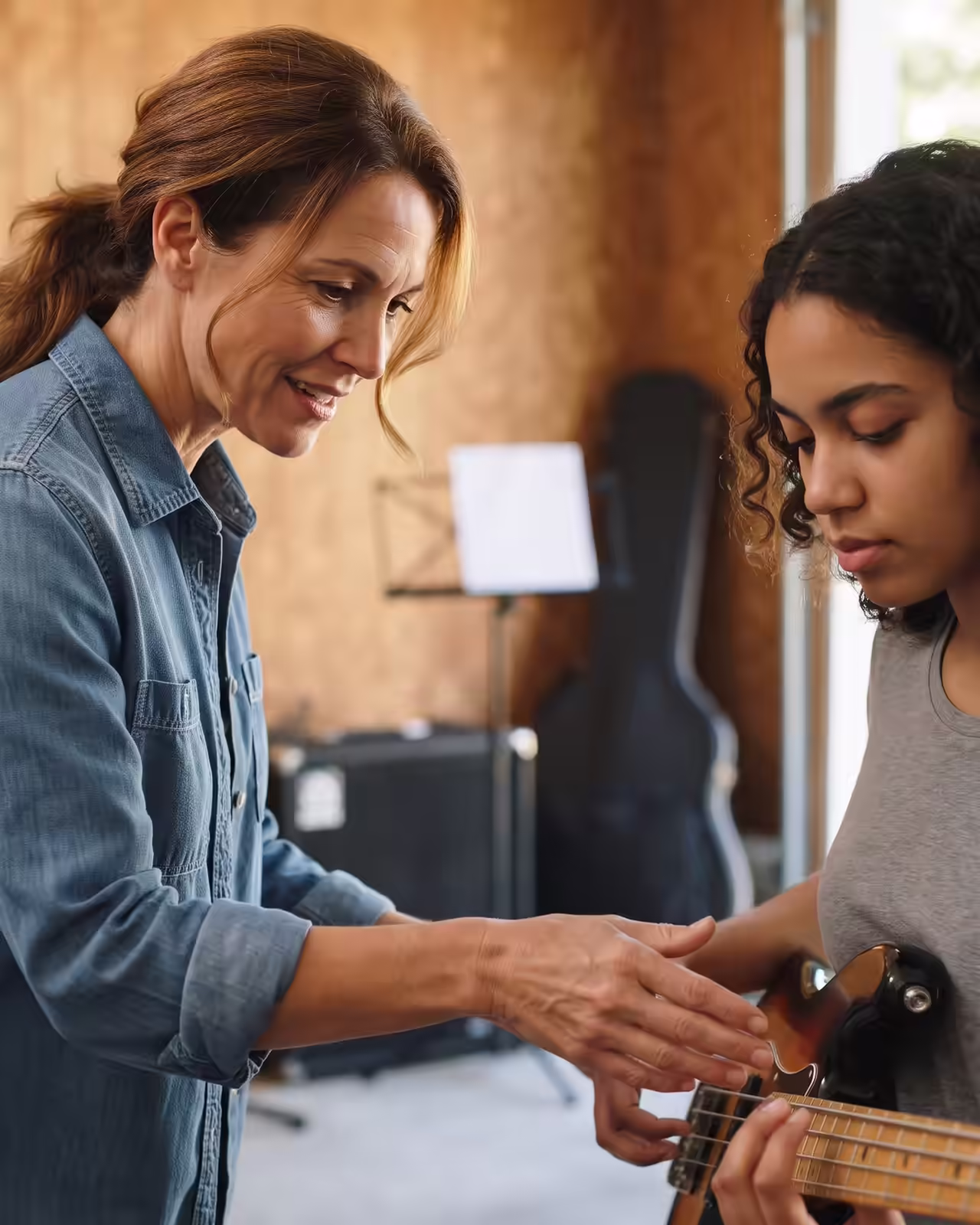 A smiling female music instructor in a blue denim shirt stands and leans forward to guide a young female student holding an electric bass guitar. The student, seated in a grey t-shirt, looks intently at the instrument while her teacher gestures toward the strings. In the background of the garage studio, an amplifier, music stand with sheet music, and guitar case are visible under soft natural daylight.
