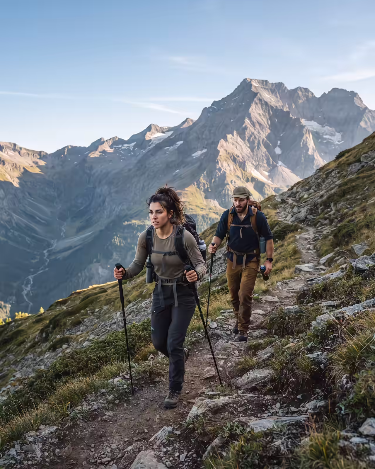 A female hiker and a male hiker trek along a rocky mountain ridge path with towering alpine peaks in the background under clear skies.