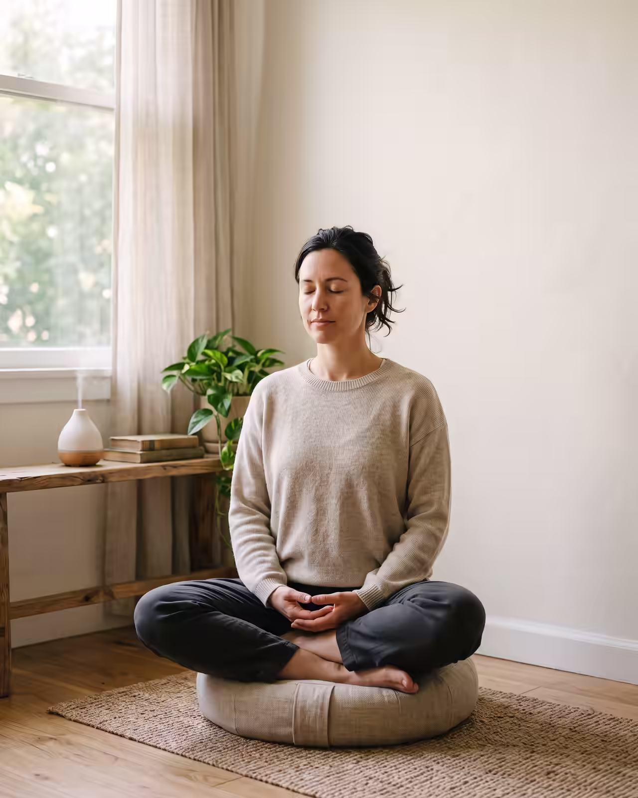 A woman sits cross-legged in a lotus meditation pose atop a round cushion on a woven rug over wooden flooring. Her eyes are closed in peaceful contemplation with hands rested in her lap, wearing a beige crewneck sweater and dark gray trousers in a serene room near a sunlit window.